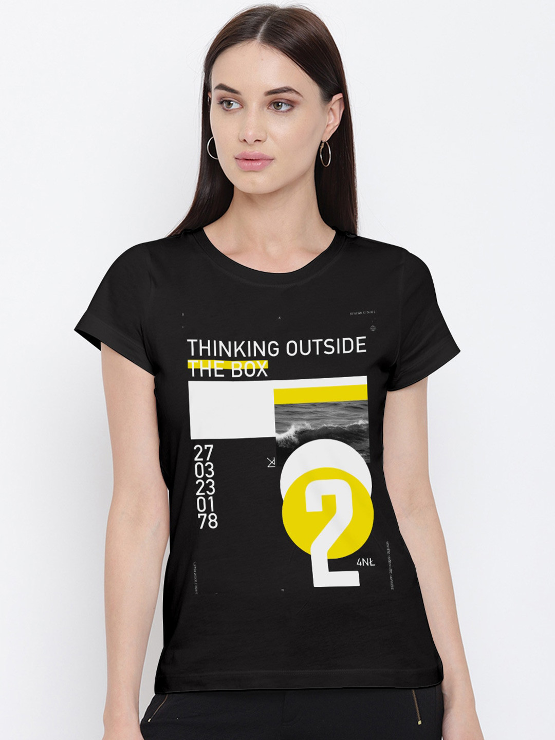

THREADCURRY Womens Black Typography Printed Round Neck Pure Cotton T-shirt