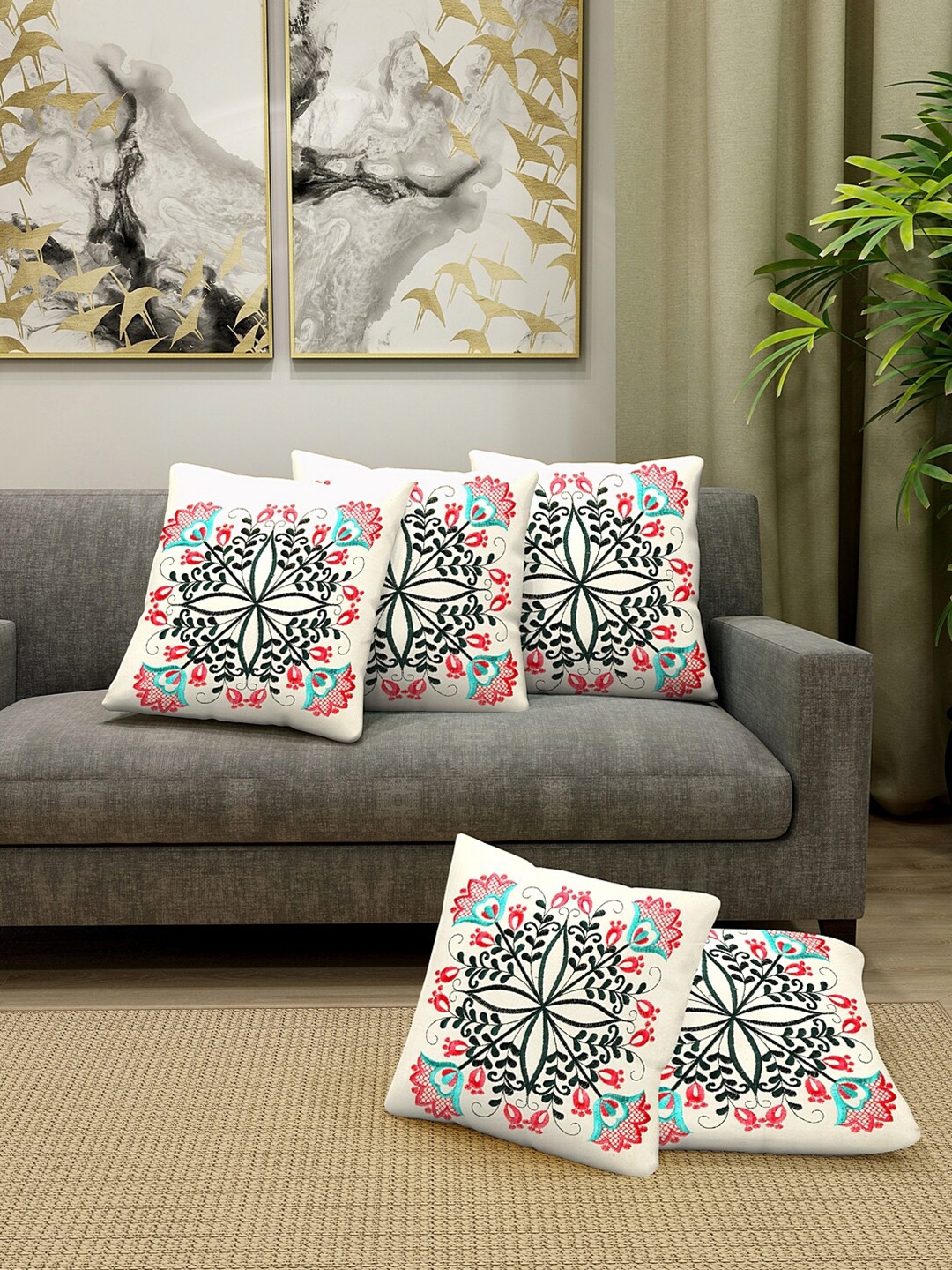 

KLOTTHE Off White & Black Set of 5 Embroidered Square Cushion Covers