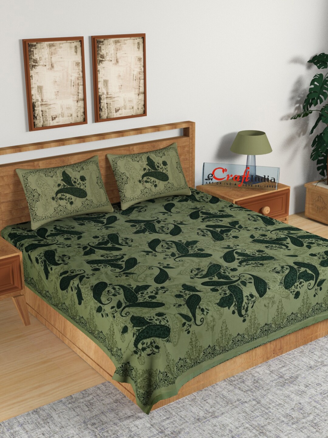 

eCraftIndia Green Ethnic Motifs 180 TC King Bedsheet with 2 Pillow Covers