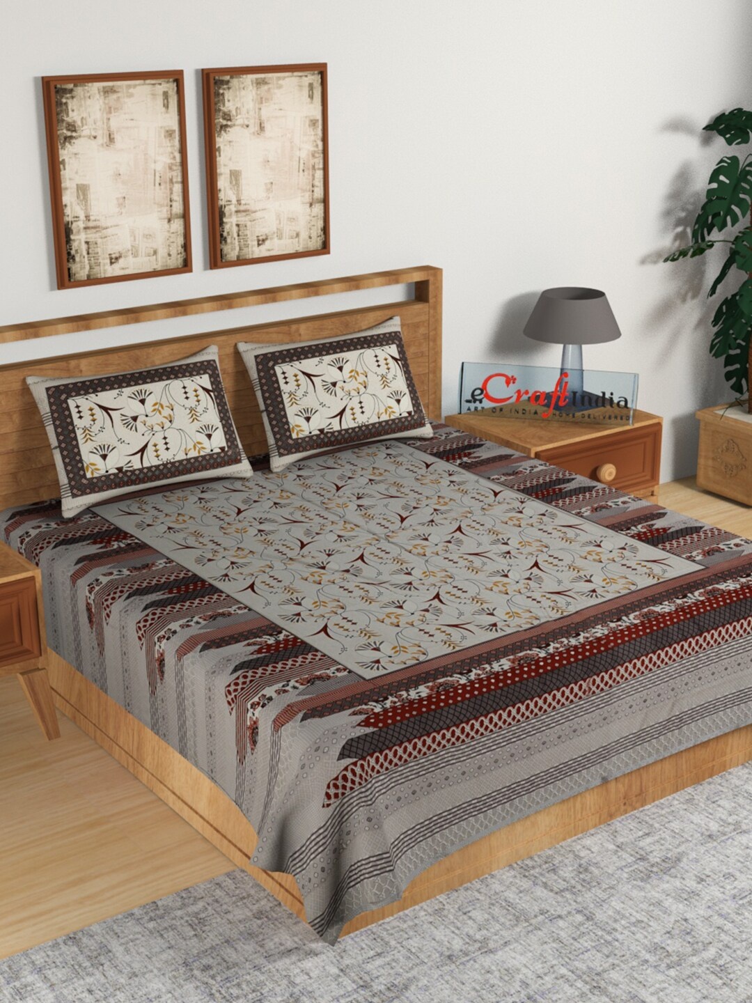 

eCraftIndia Grey & Maroon Floral 180 TC King Bedsheet with 2 Pillow Covers