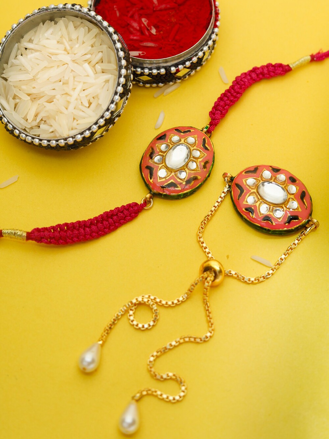 

Shoshaa Pink Kundan Reversible Design Meenakari Bhai Bhabhi Rakhi Combo