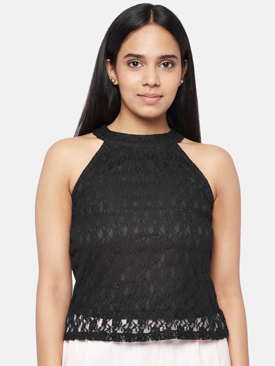 

People Women Black Halter Lace Top