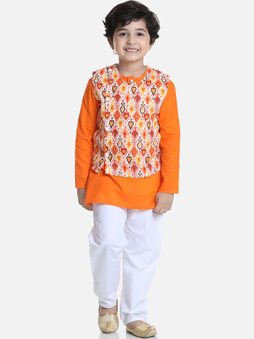 

BownBee Boys Orange & White Pure Cotton Kurta with Pyjamas Wit Jacket