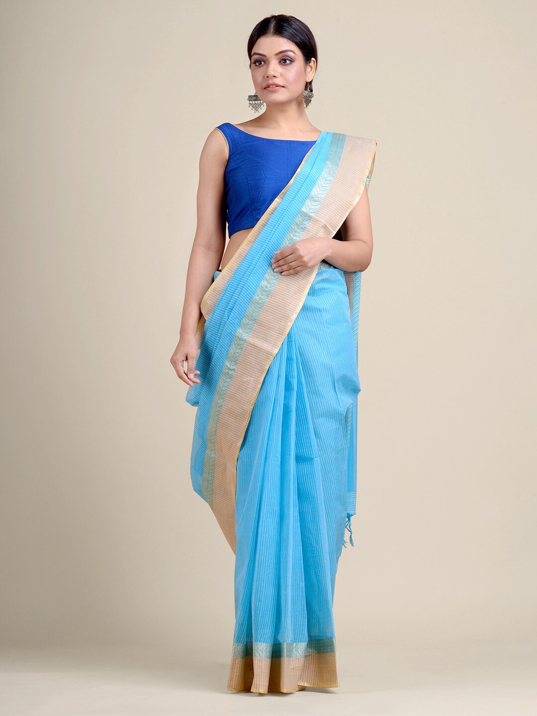 

Charukriti Blue & Peach-Coloured Woven Design Pure Cotton Taant Saree
