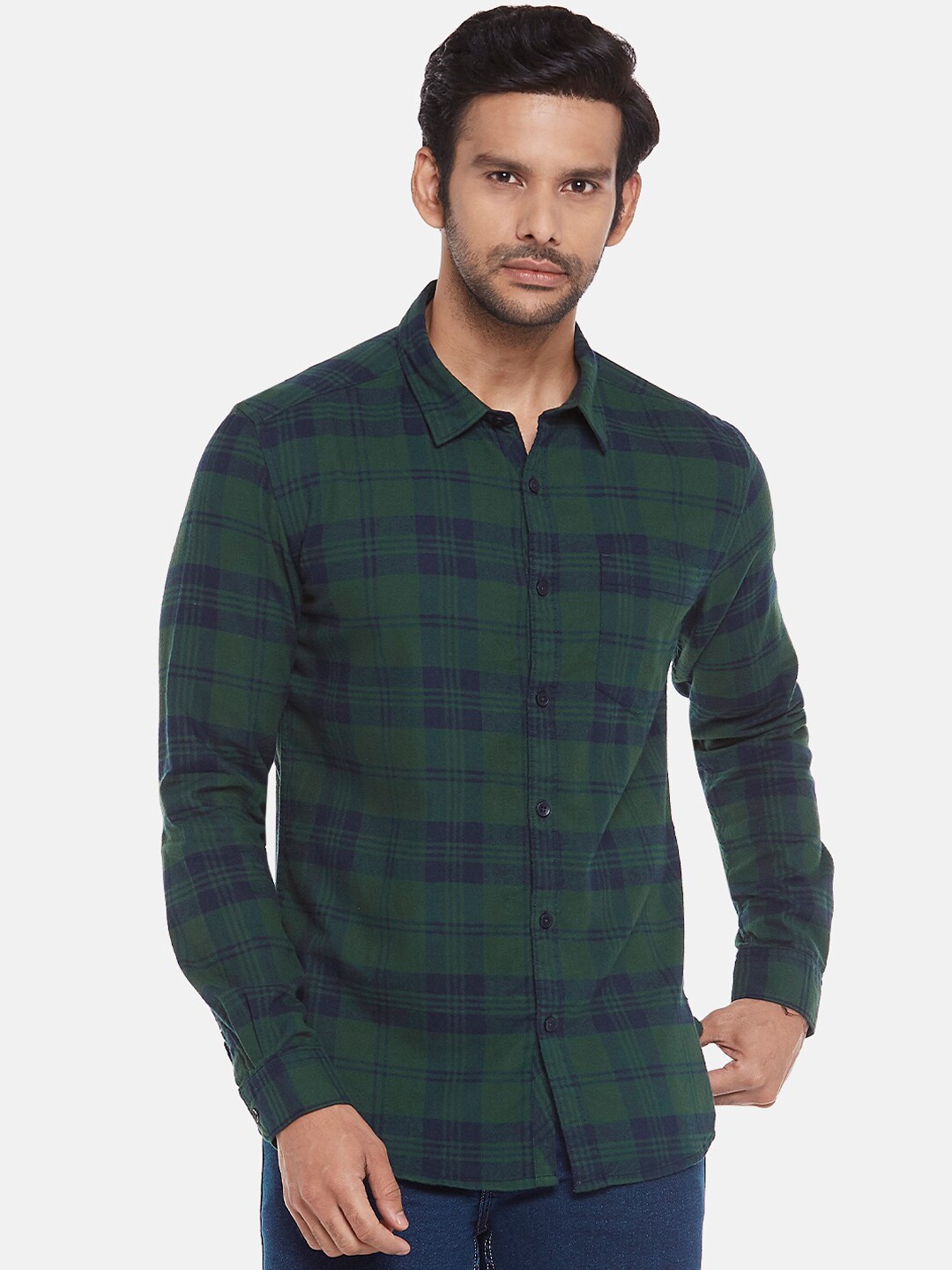 

People Men Green Slim Fit Checked Casual Shirt