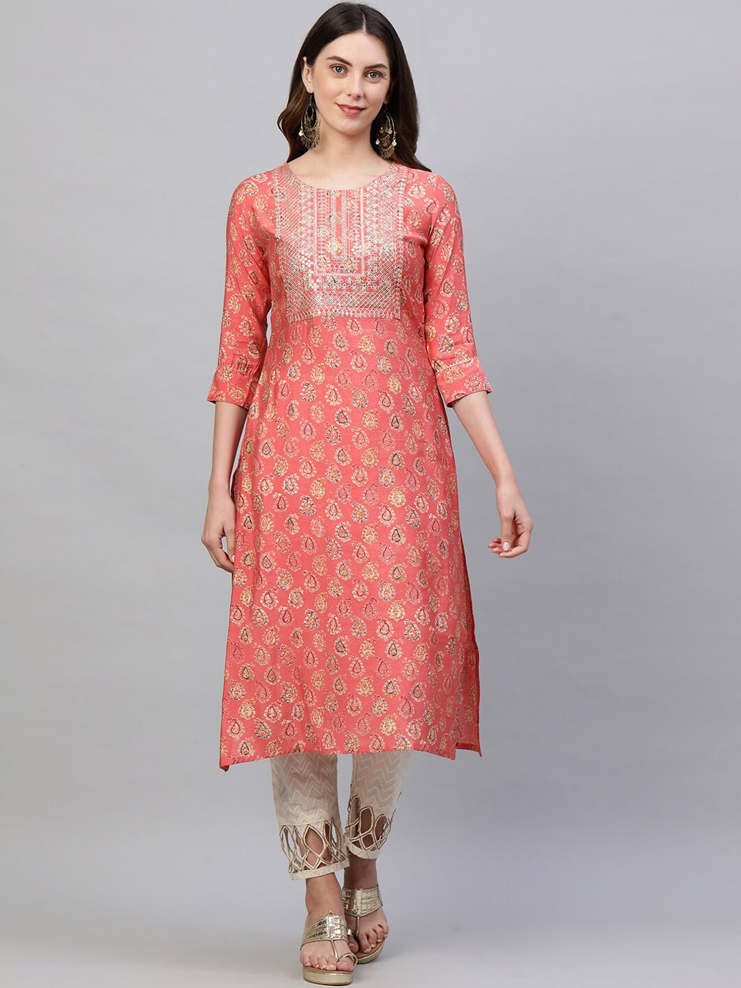 

FASHOR Women Peach-Coloured Printed Kurta