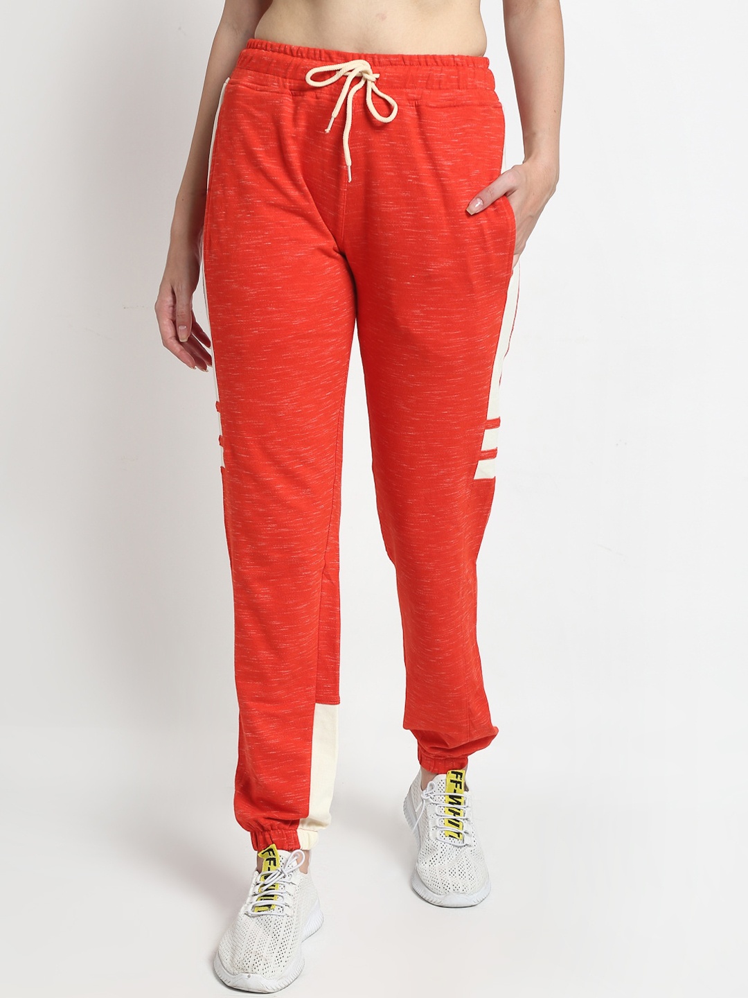 

Club York Women Orange & White Colourblocked Straight-Fit Joggers