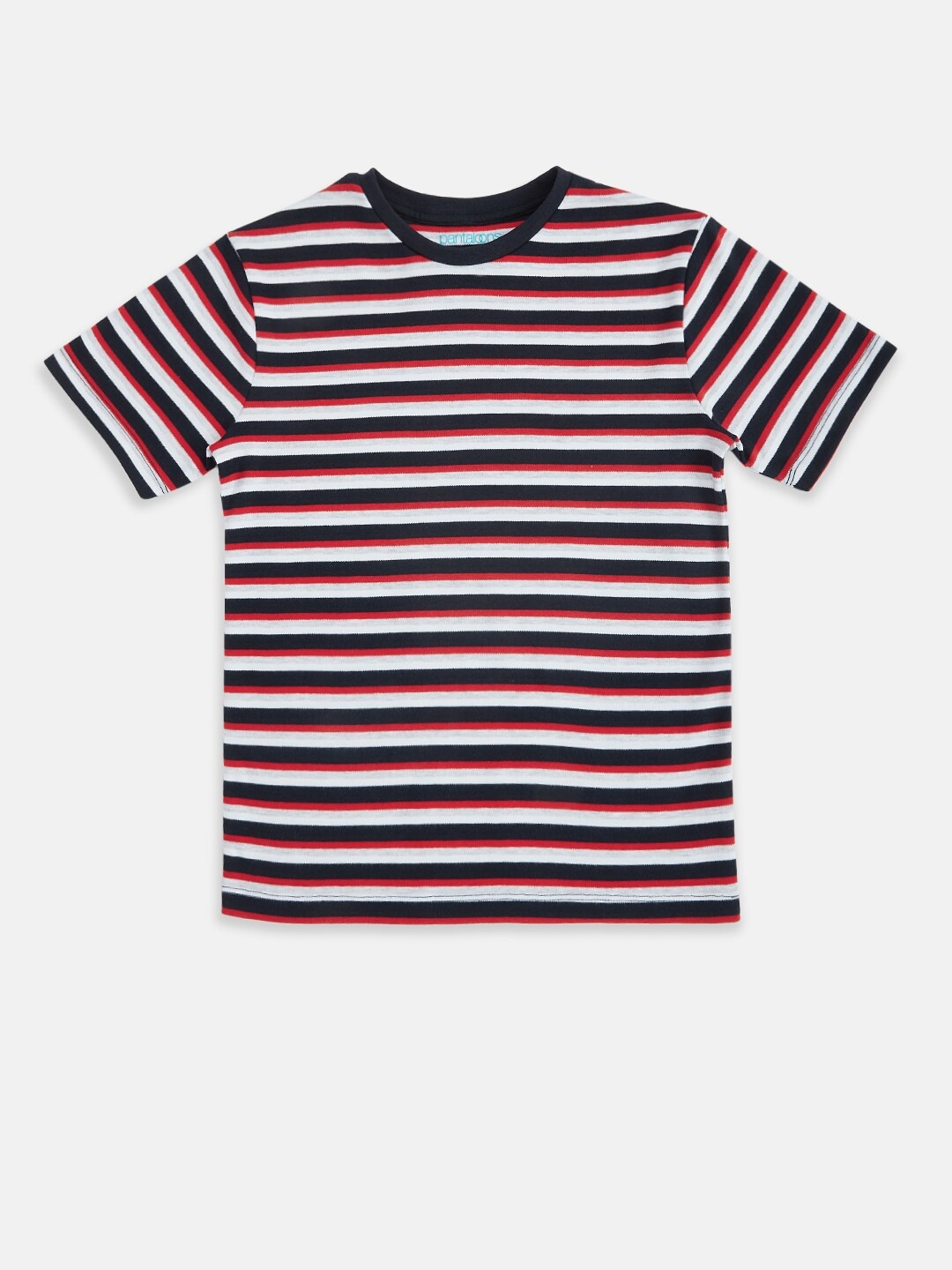 

Pantaloons Junior Boys Red& Blue Striped Round Neck T-shirt, White