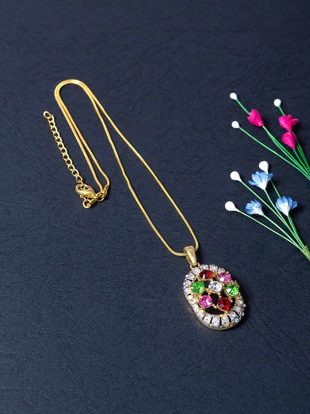 

Golden Peacock Gold-Toned White & Pink Stone-Studded Oval-Shaped Pendant With Chain