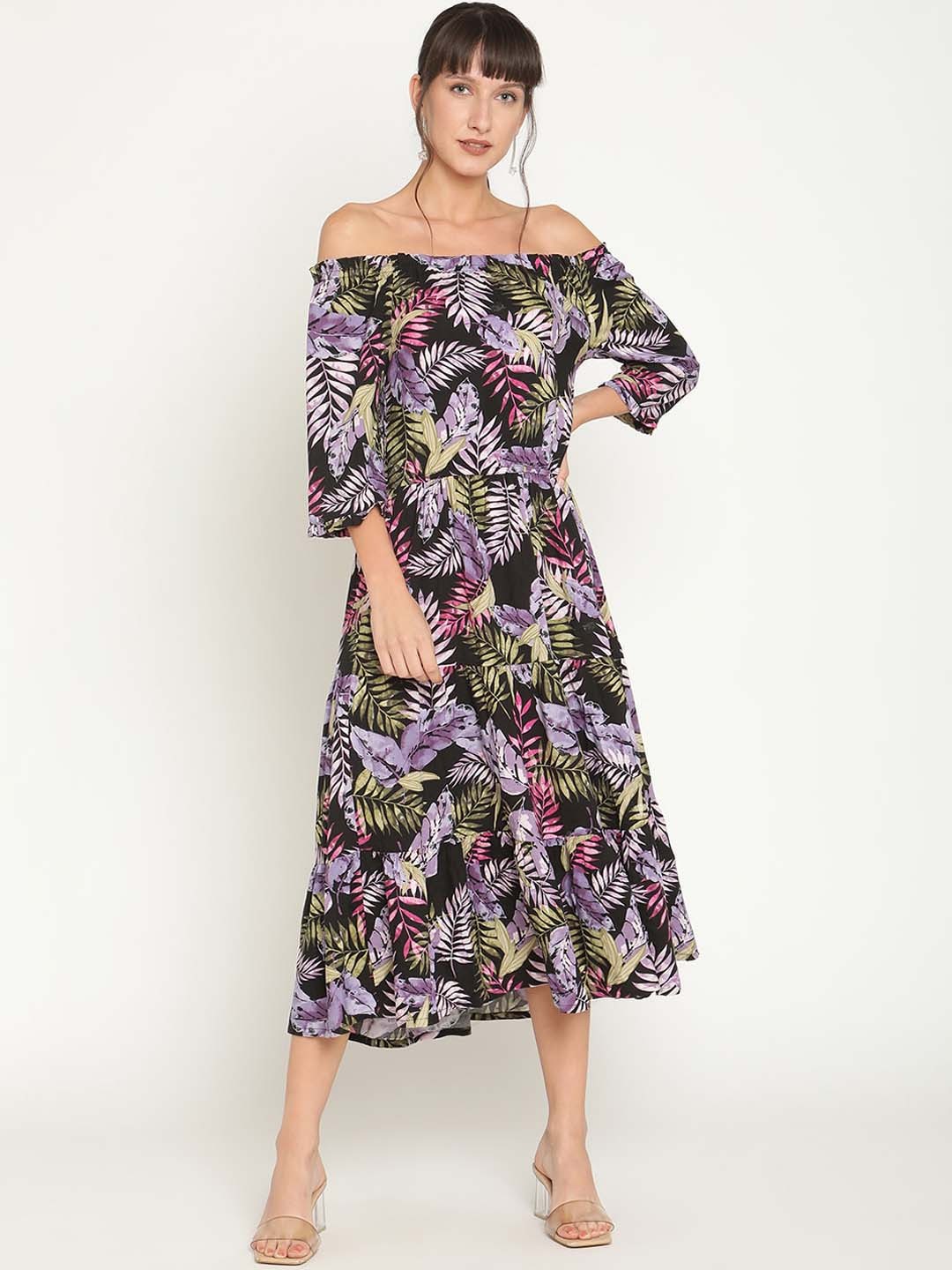 

The Vanca Multicoloured Tropical Off-Shoulder Midi Dress, Multi