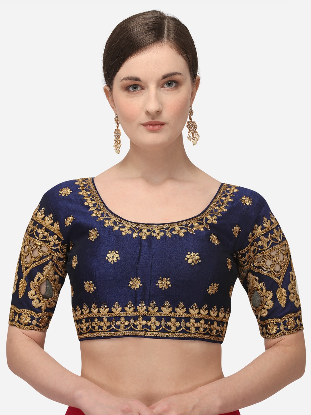 

Amrutam Fab Women Navy Blue & Gold-Coloured Embroidered Raw Silk Saree Blouse