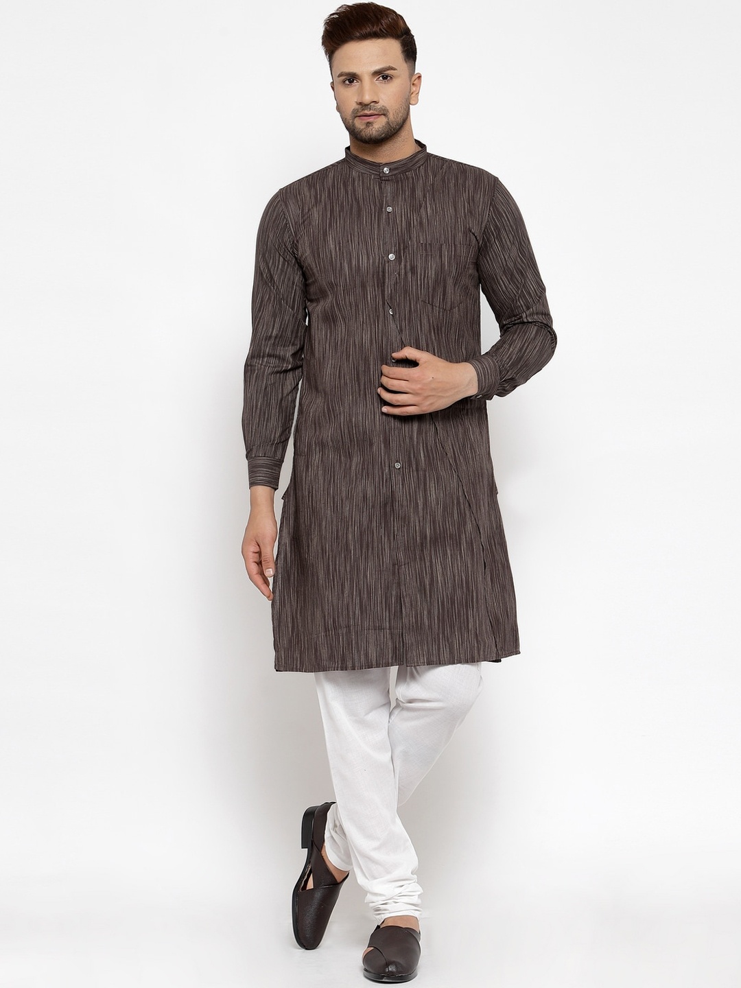 KLOTTHE Men Brown Striped Thread Work Kurta