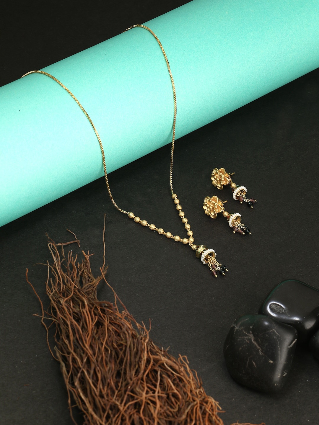

Adwitiya Collection 24CT Gold-Plated Red & Green Stone-Studded Handcrafted Jewellery Set