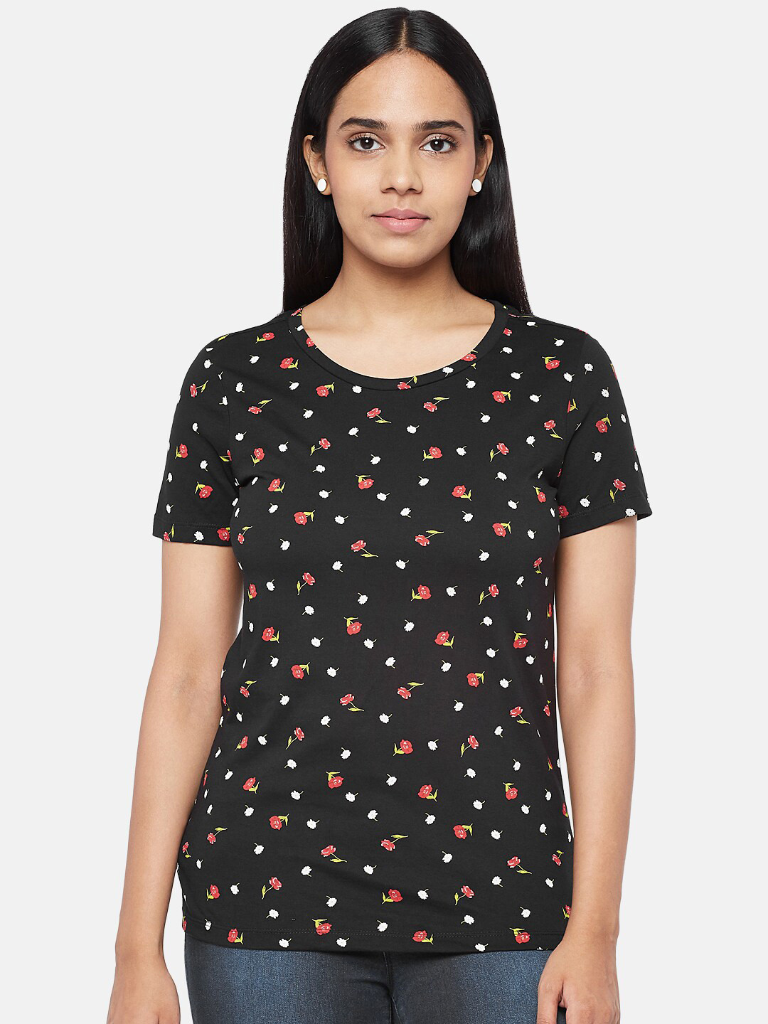 

Honey by Pantaloons Women Black Floral Printed T-shirt