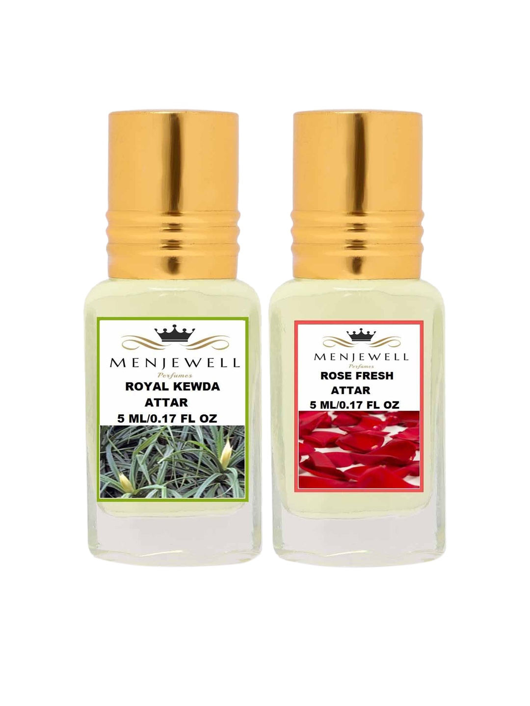 

Menjewell Pack of 2 Attar - Royal Kewda & Rose Fresh Attar 5ml Each, Yellow