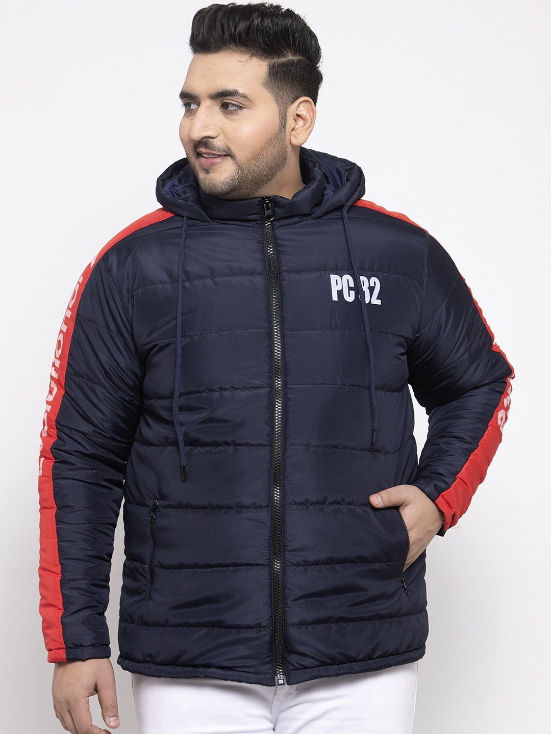 

plusS Men Navy Blue Hooded Puffer Jacket