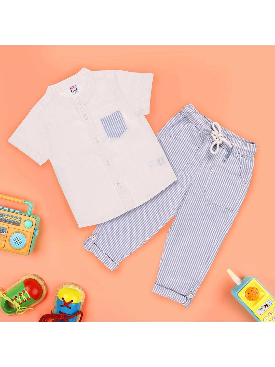 

KICKS & CRAWL Boys Blue & White Shirt with Trousers