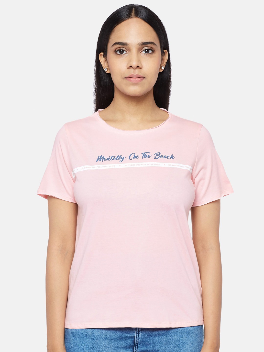 

People Women Pink Typography Printed Drop-Shoulder Sleeves T-shirt