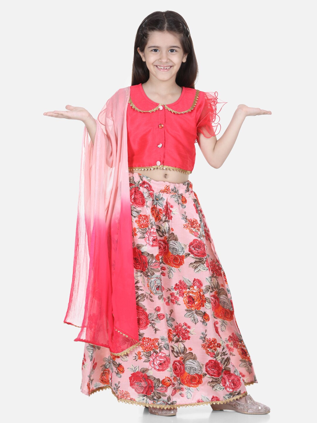

BownBee Girls Pink & Grey Ready to Wear Lehenga & Blouse With Dupatta
