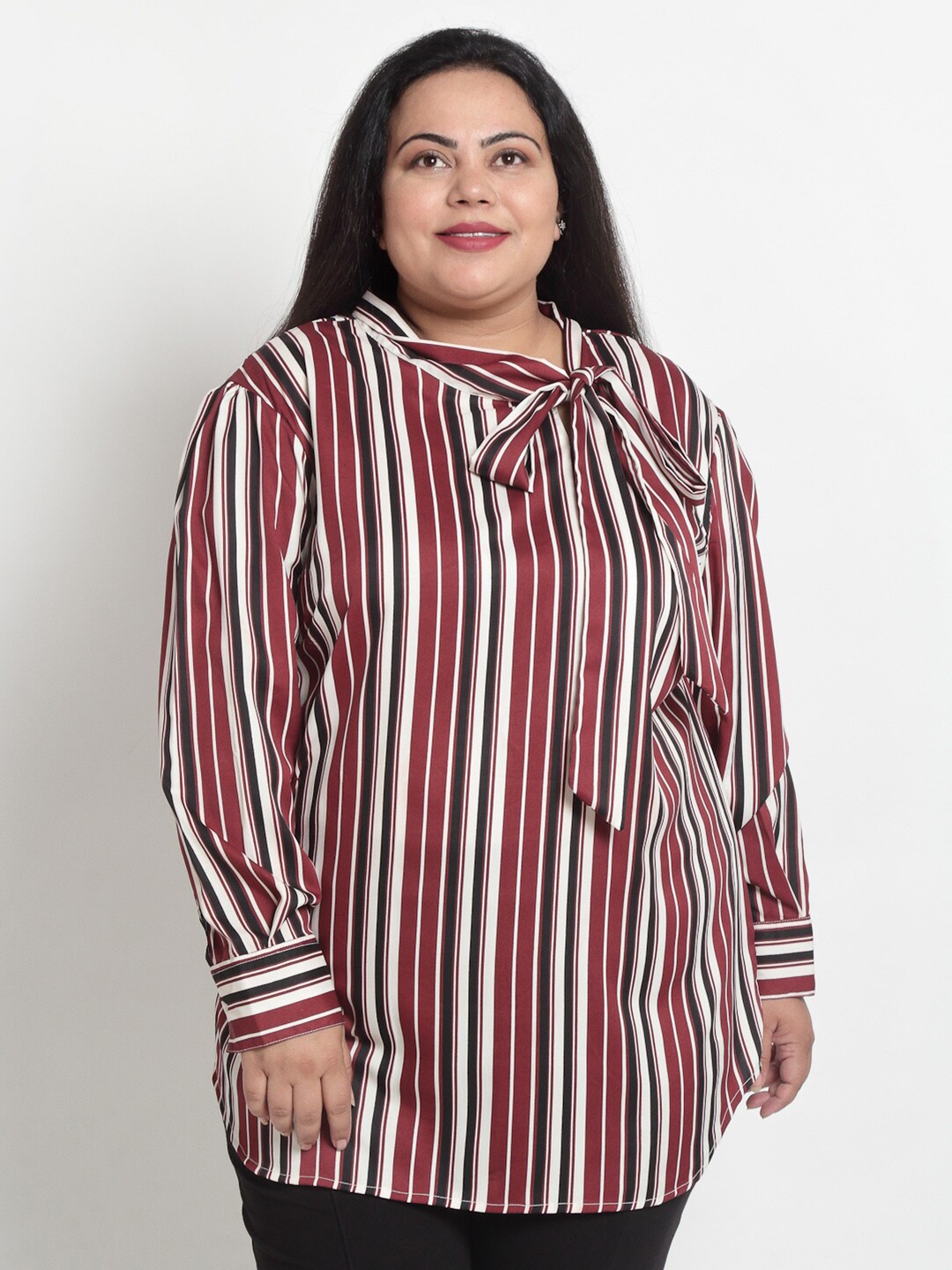 

sindrellastorie Maroon Striped Tie-Up Neck Crepe Regular Top