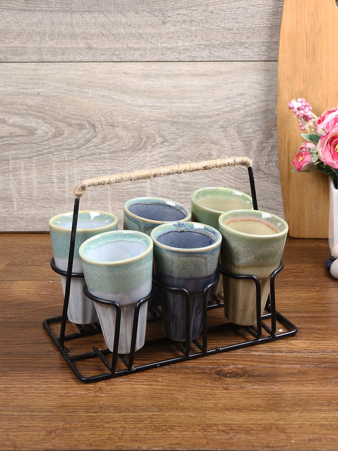 

Aapno Rajasthan Set of 6 Ceramic Glasses with Traditional Carrying Tray, Multi