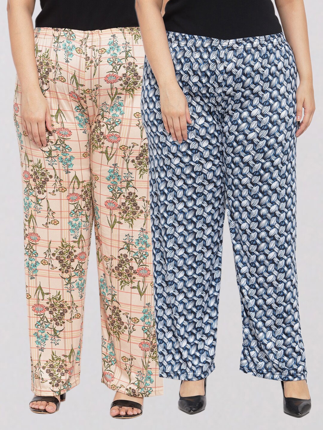 

KLOTTHE Women Pack of 2 Blue & Beige Printed Wide Leg Palazzos