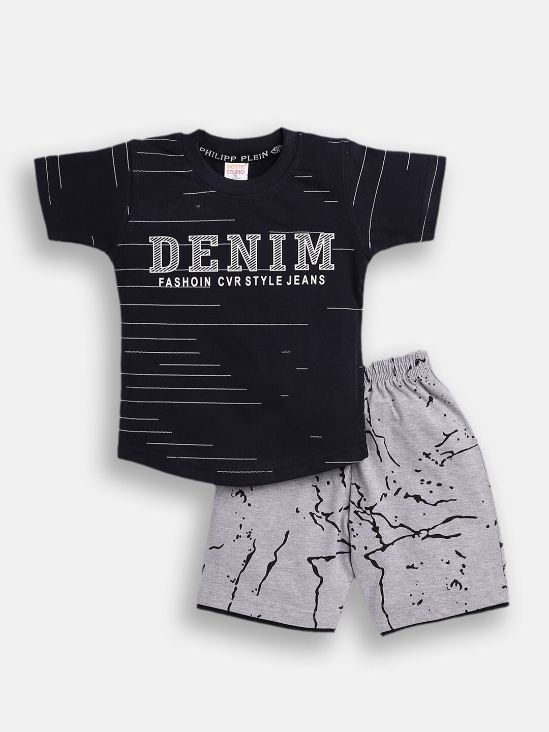 

Nottie Planet Boys Navy Blue & Grey Printed T-shirt with Shorts