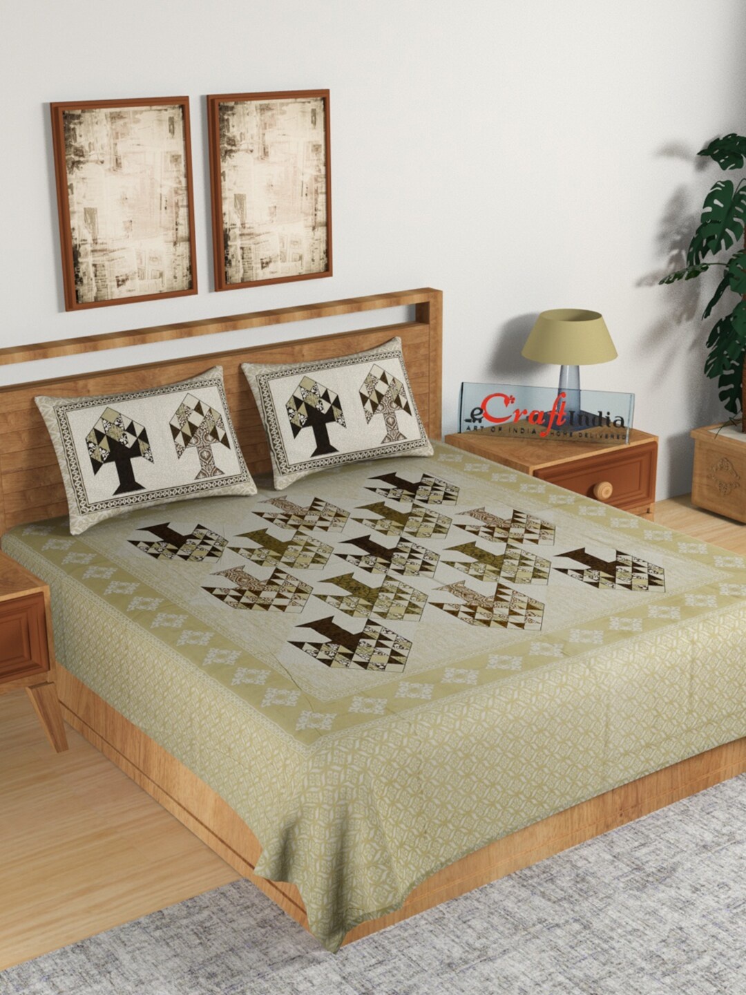 

eCraftIndia Off White & Brown Ethnic Motifs 180 TC King Bedsheet with 2 Pillow Covers