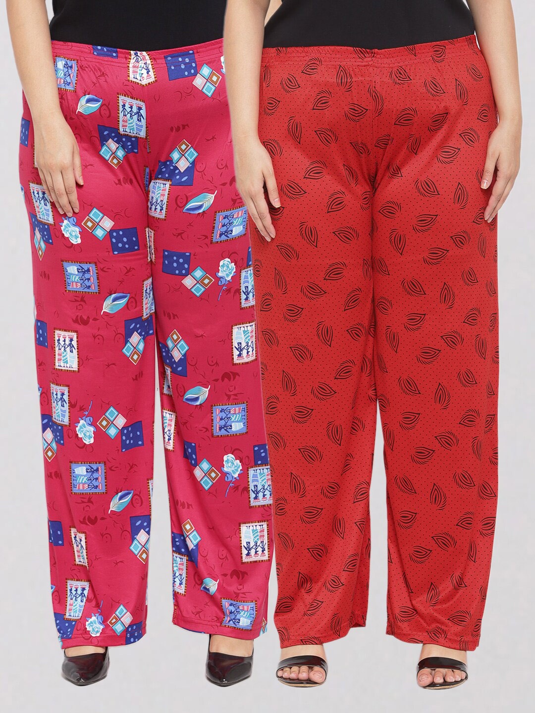 KLOTTHE Women Set of 2 Red & Pink Printed Palazzos