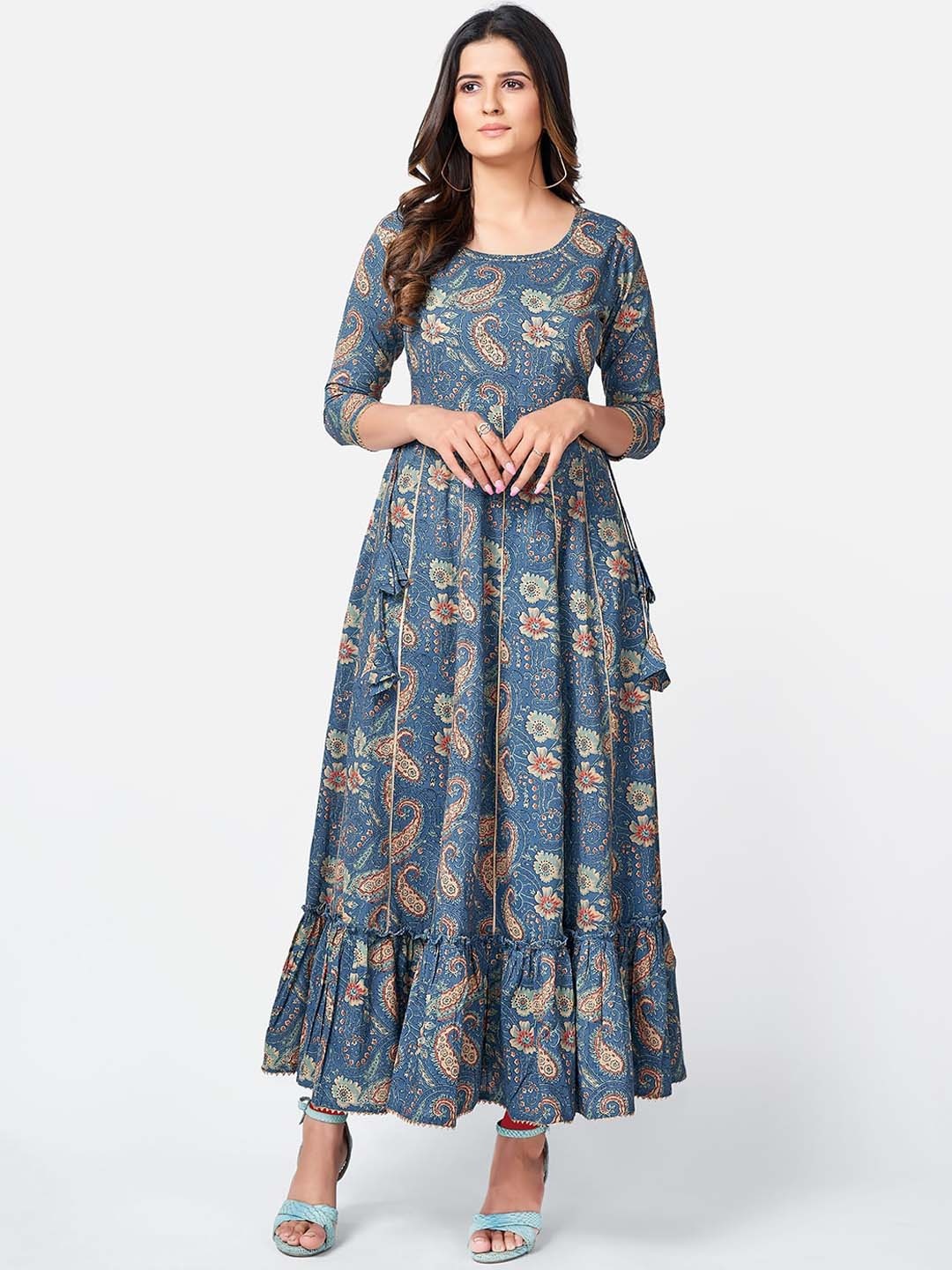 

Vbuyz Women Blue & Beige Ethnic Motifs Hand Work Printed Anarkali Kurta