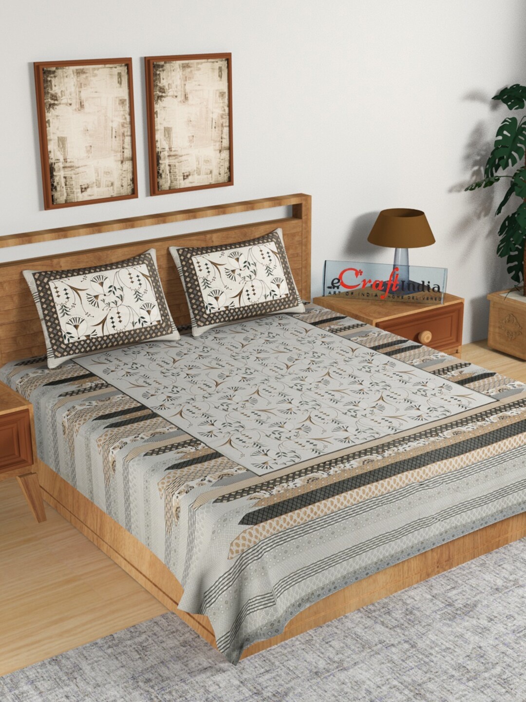 

eCraftIndia Brown Geometric 180 TC Cotton King Bedsheet with 2 Pillow Covers