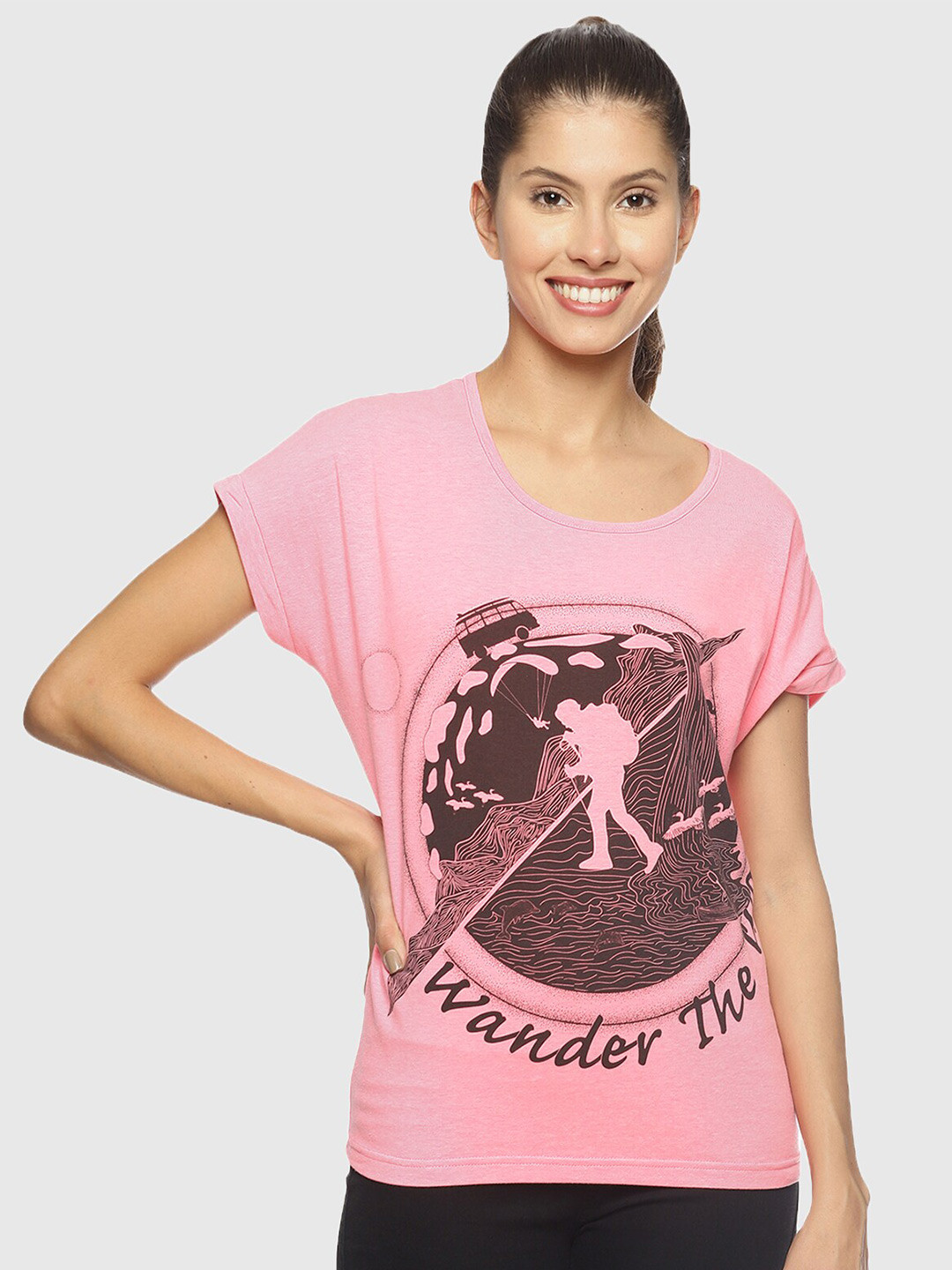 

Wolfpack Women Pink Printed Extended Sleeves T-shirt
