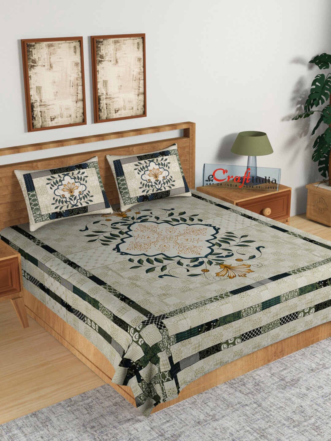 

eCraftIndia Beige & Green Ethnic Motifs 180 TC King Bedsheet with 2 Pillow Covers