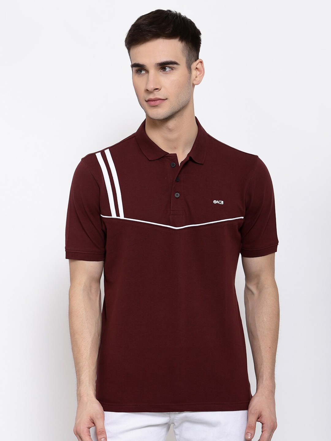 513 Men Maroon Striped Polo Collar T-shirt