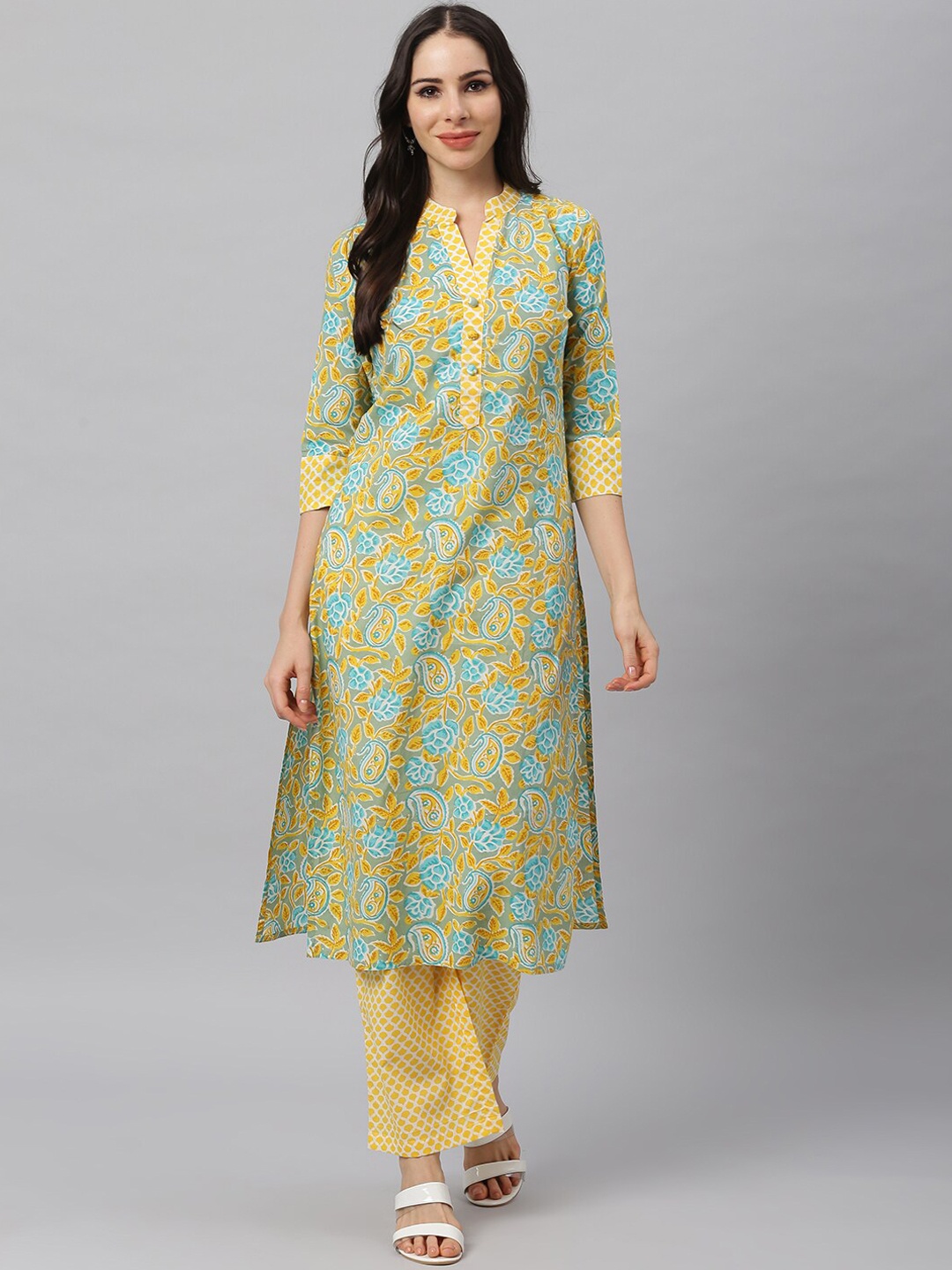 

Idalia Women Yellow & Blue Ethnic Motifs Printed Pure Cotton Kurta with Palazzos