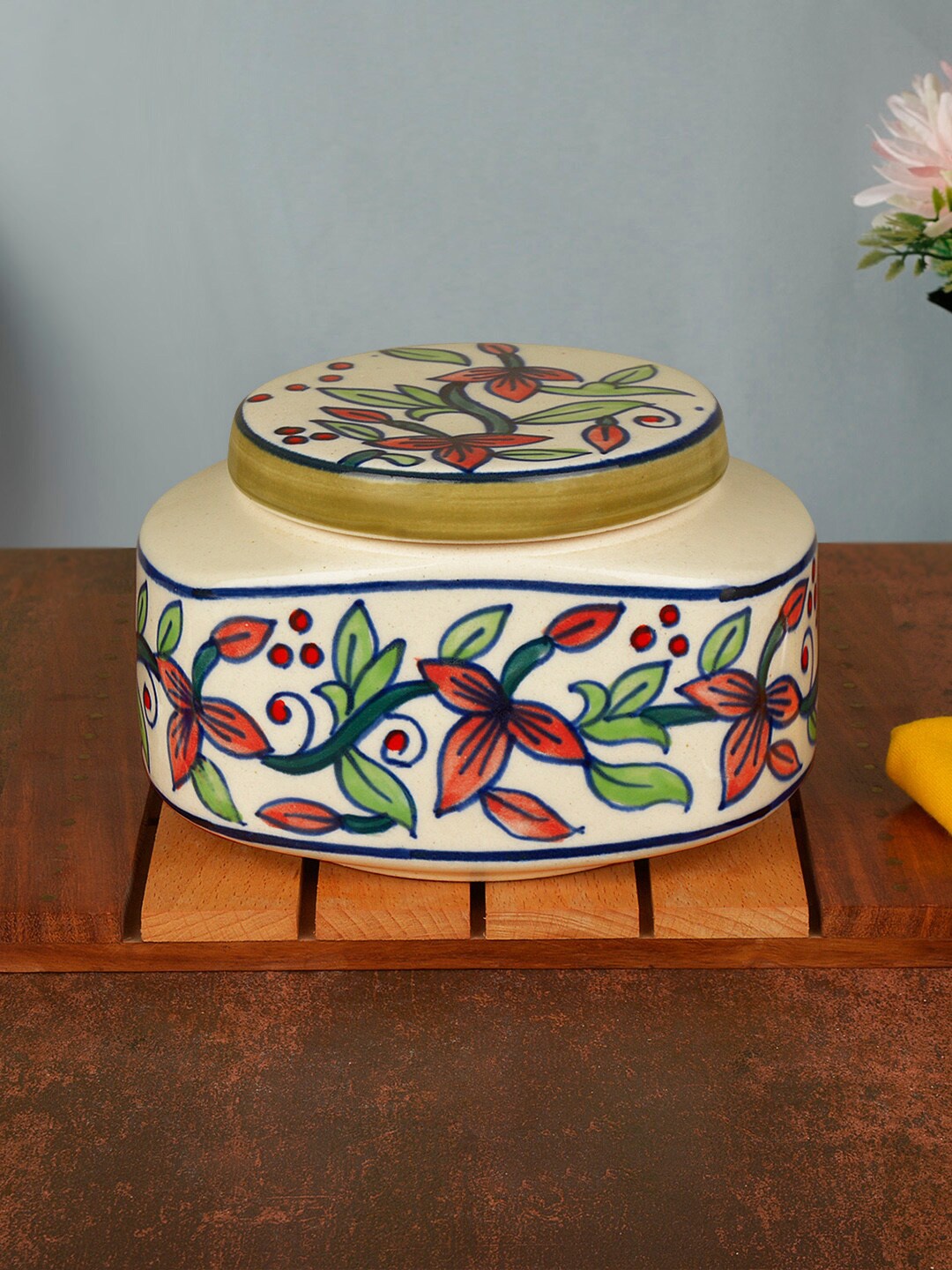 StyleMyWay White & Green Handpainted Ceramic Jar with Lid