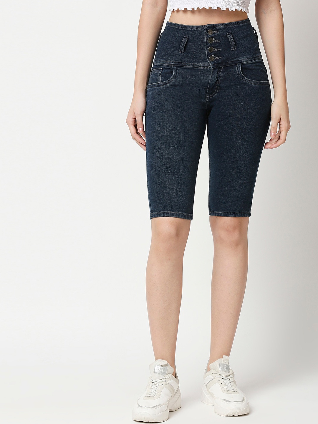 

High Star Women Blue High-Rise Denim Pedal Pusher Shorts
