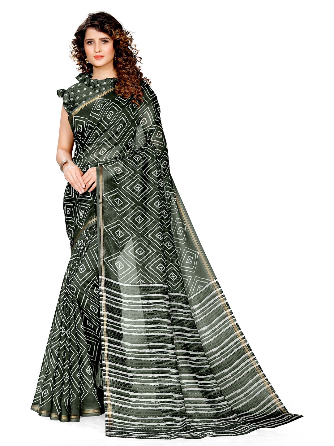 

KALINI Green & White Printed Saree