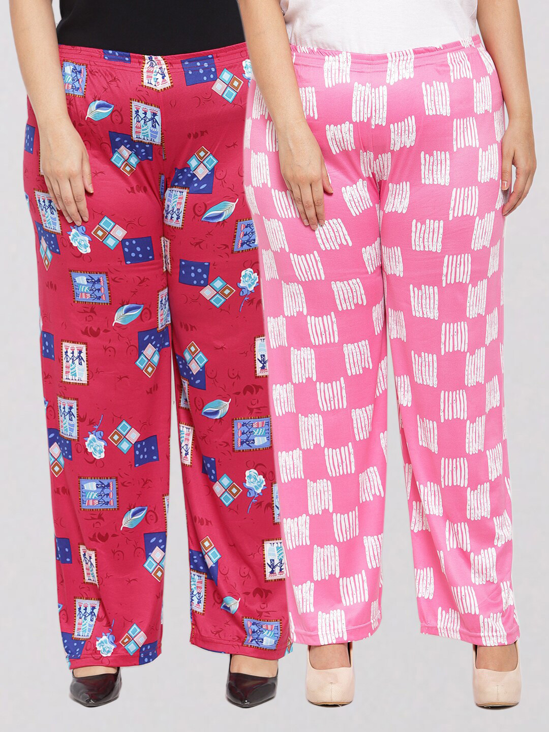 

KLOTTHE Women Pack of 2 Red & Pink Printed Wide Leg Palazzos, Blue
