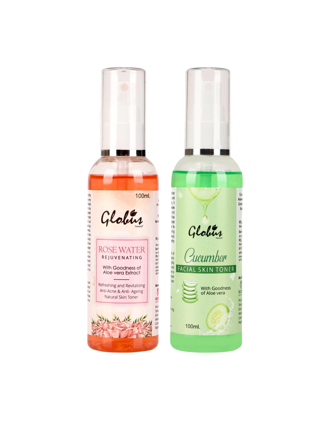 Globus Naturals Pack of 2 Rose & Cucumber Facial Skin Toner With Aloe Vera Extract 100ml, Green