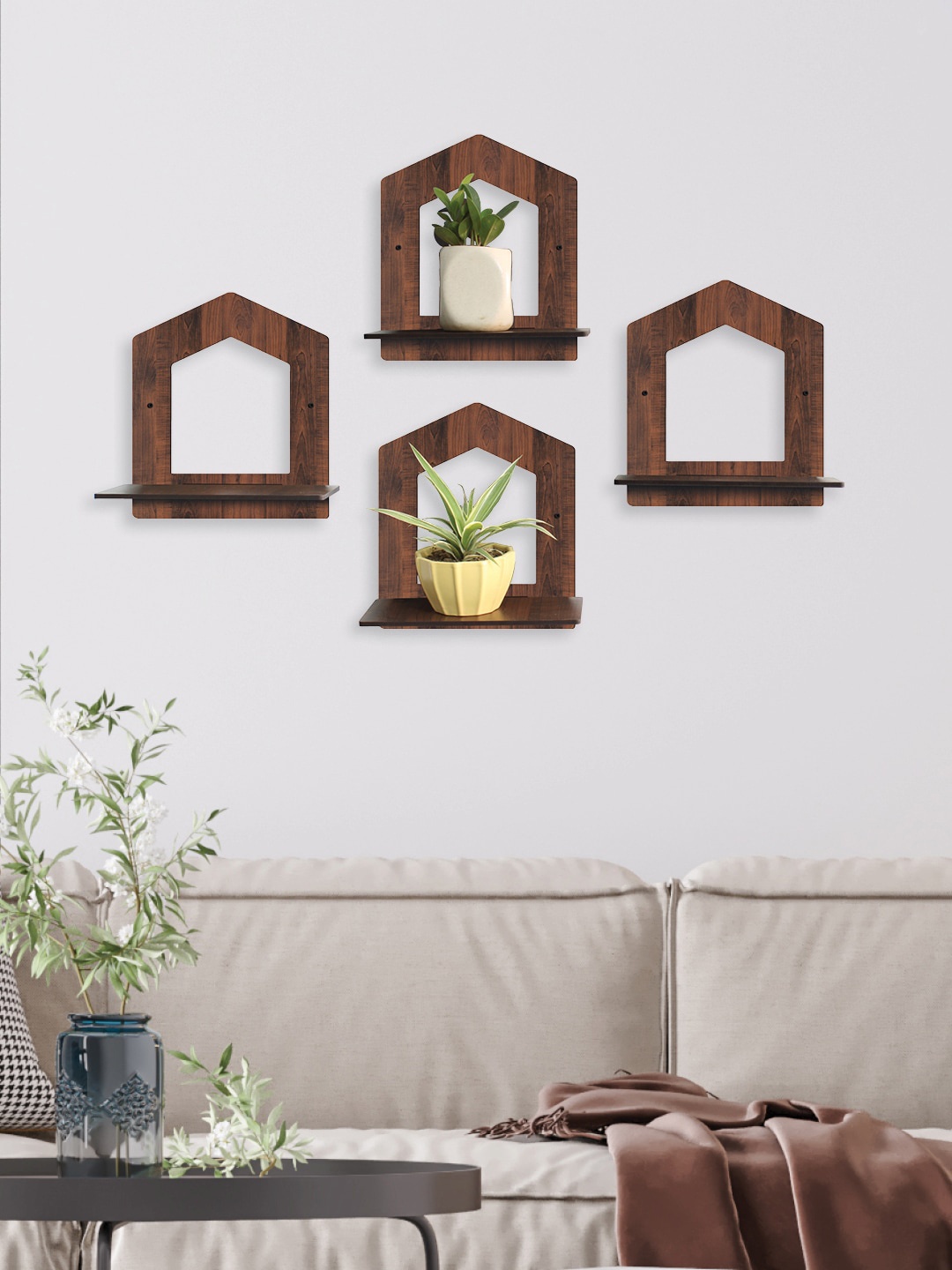 RANDOM Set Of 4 Brown MDF Basic Wall Plant/Flower Shelf