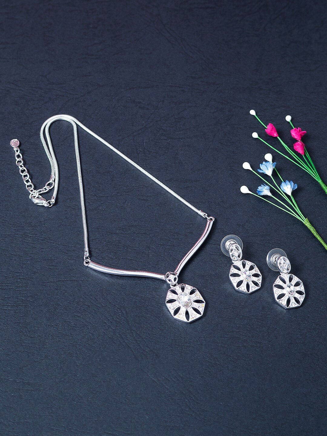 

Golden Peacock Silver-Toned & White Stone-Studded Jewellery Set