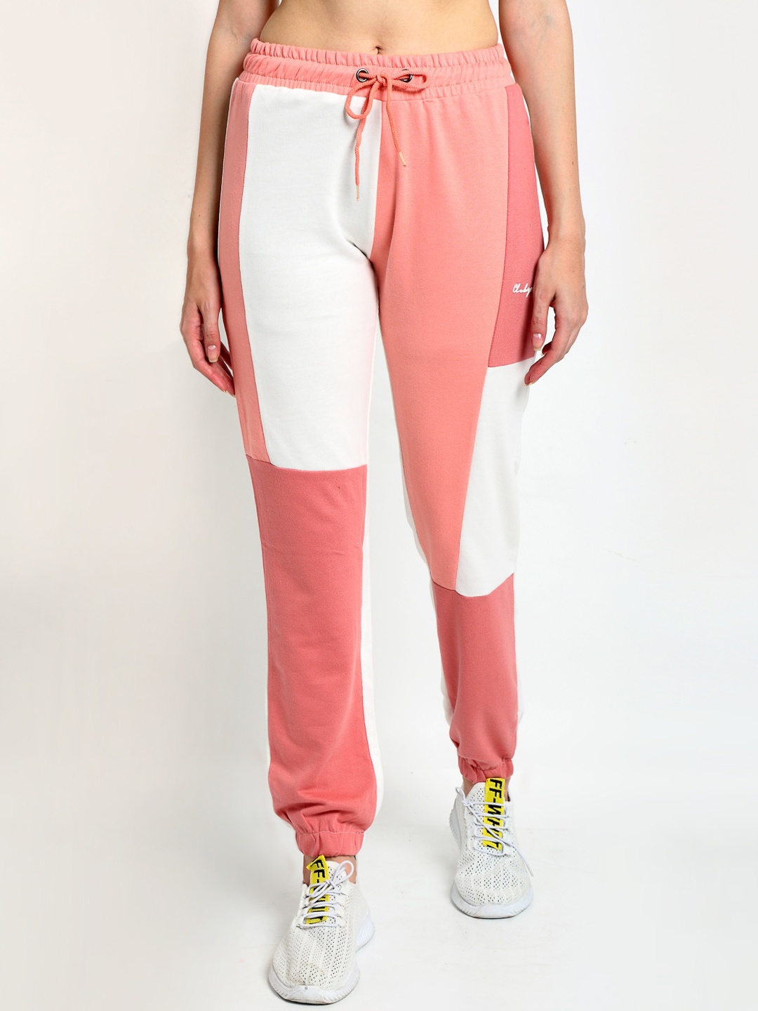 

Club York Women Peach-Coloured & White Colourblocked Straight-Fit Joggers