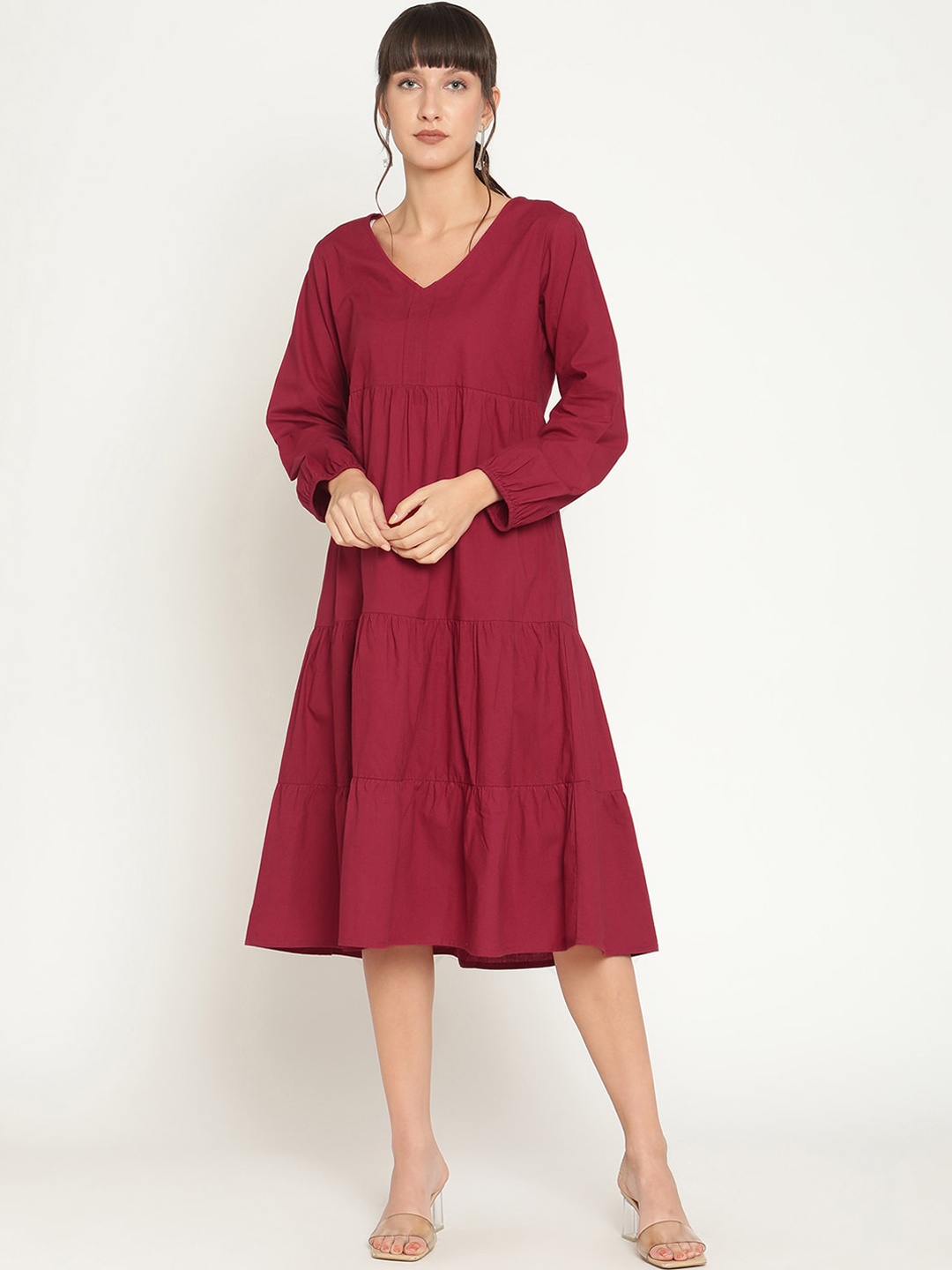 

The Vanca Women Maroon Tiered Fit & Flare Midi Dress