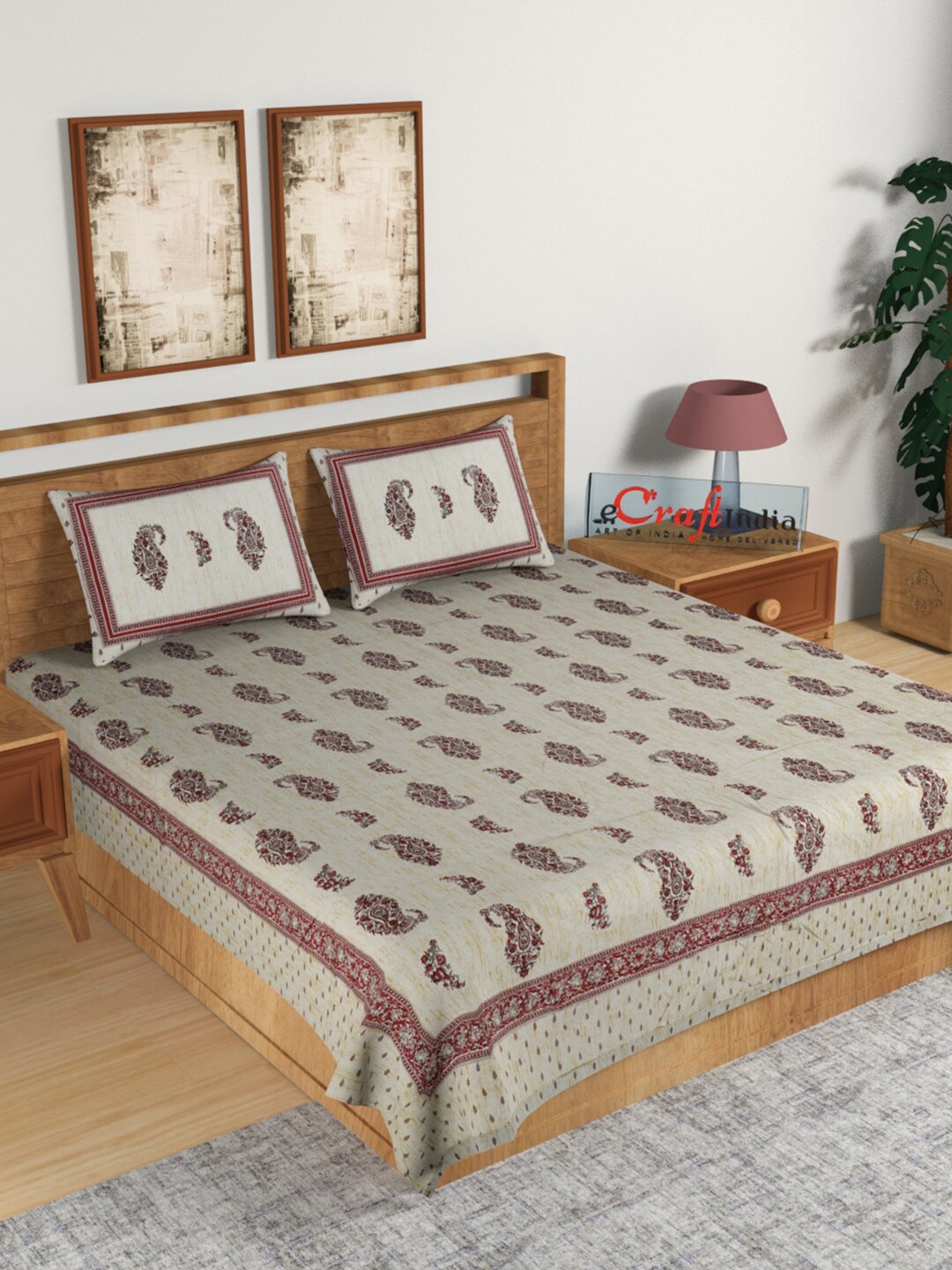 

eCraftIndia Off White & Red Ethnic Motifs 144 TC King Bedsheet with 2 Pillow Covers