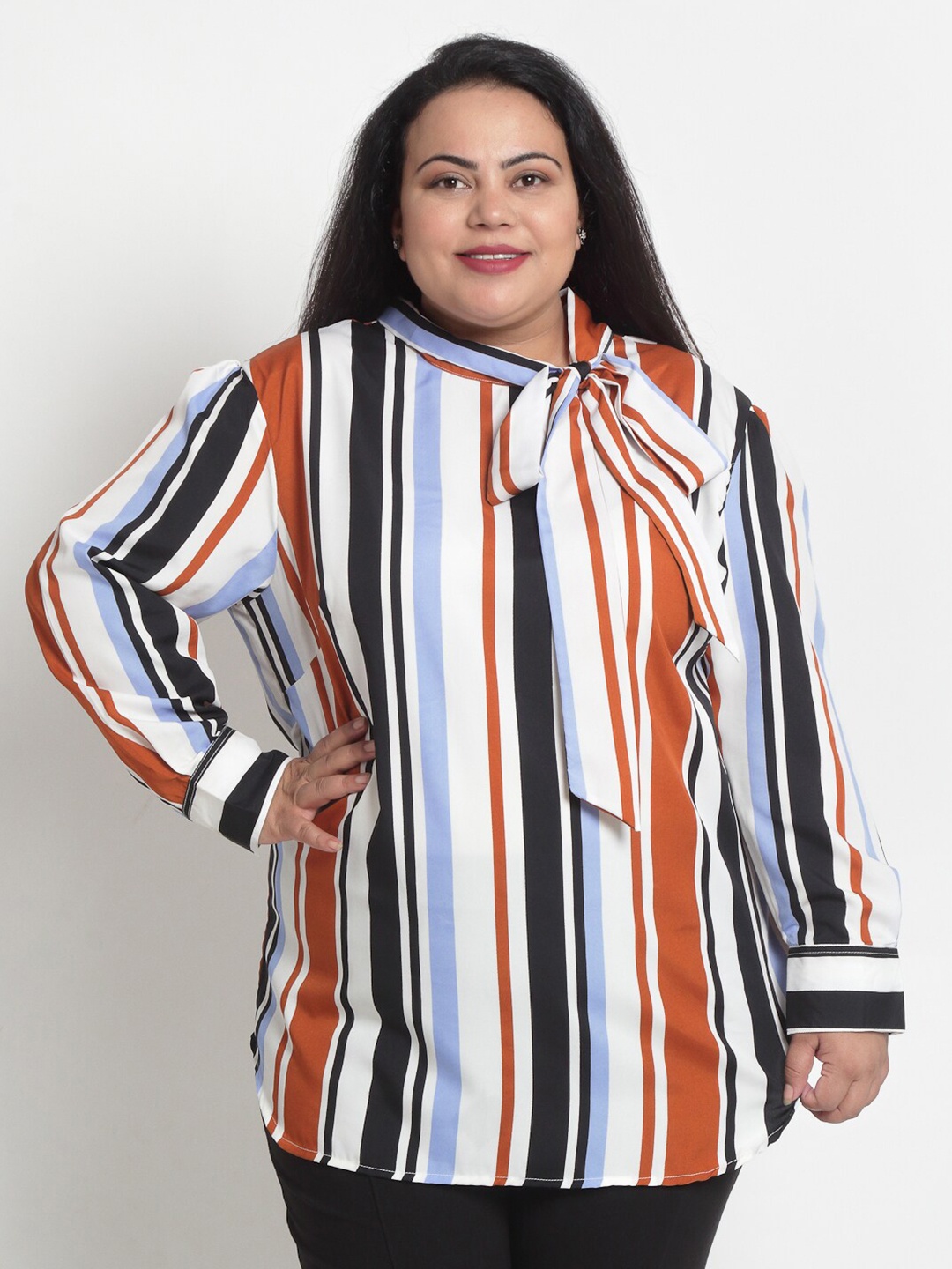 

sindrellastorie White & Blue Striped Tie-Up Neck Crepe Regular Top
