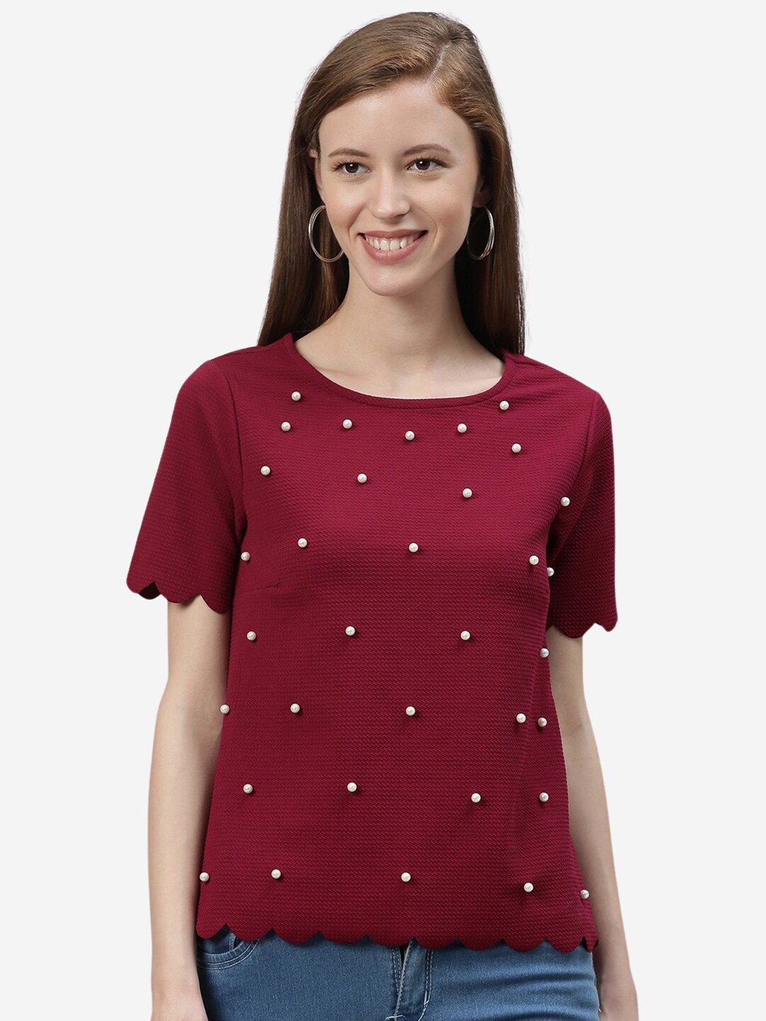 

LAYA Women Maroon Pearl Embellished Top