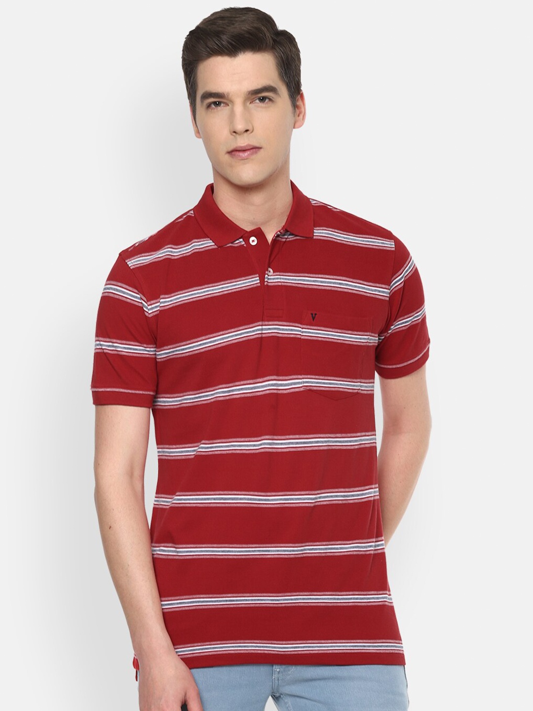 

Van Heusen Sport Men Red Off White Striped Polo Collar Cotton Pure Cotton T-shirt