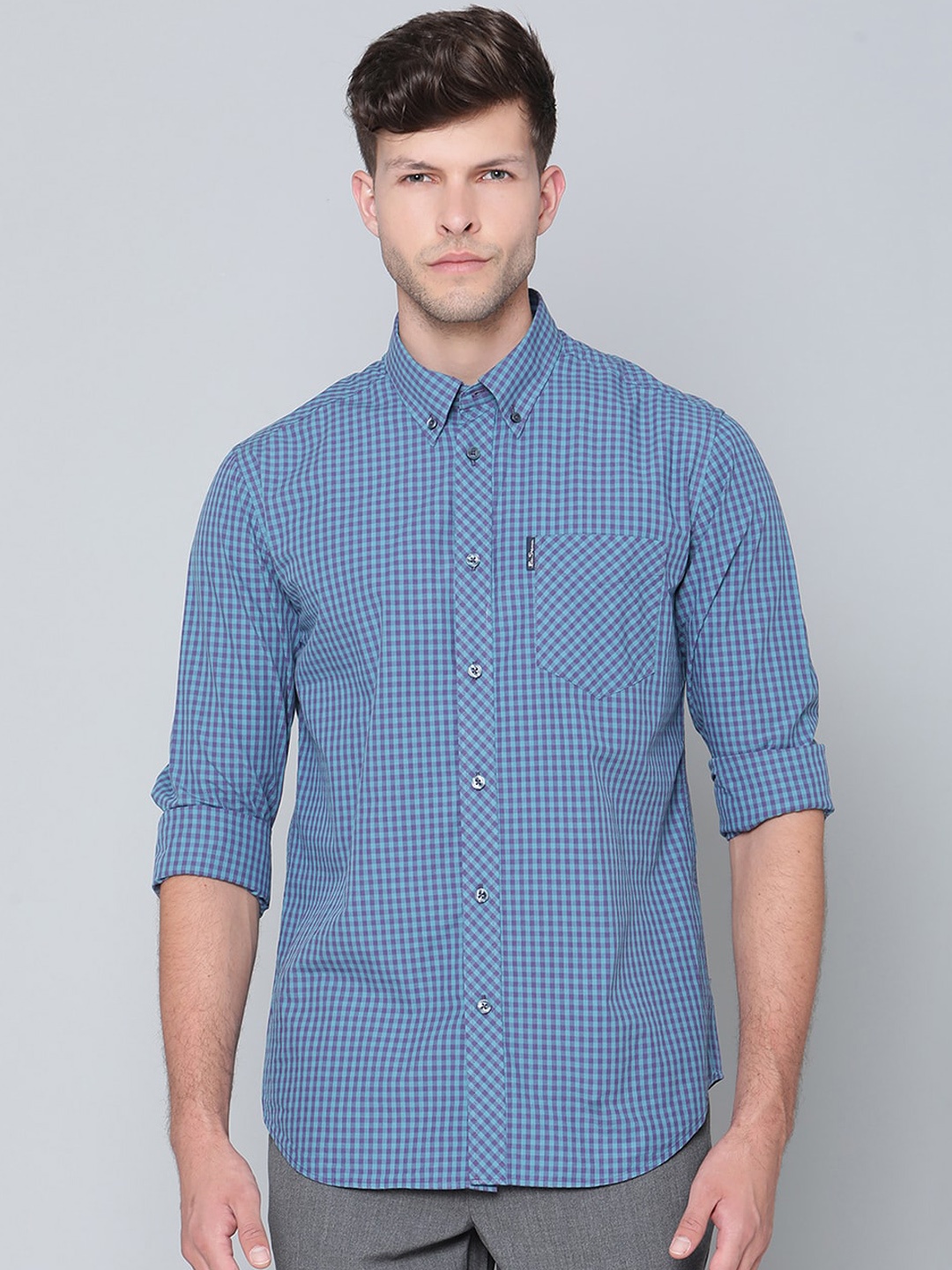 

BEN SHERMAN Men Blue Micro Checked Casual Shirt