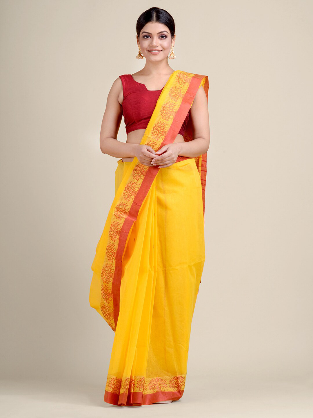 

Charukriti Yellow & Red Pure Cotton Handloom Taant Saree
